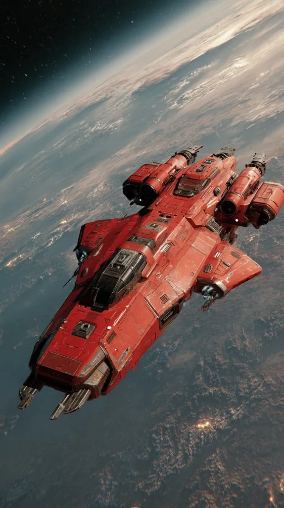 A vibrant red spaceship, detailed with intricate design and multiple engines, soars above a planet's atmosphere. The planet's surface is visible, showcasing a mix of land and cloud formations.  The stars are visible in the dark expanse of space behind the vessel, creating a dramatic contrast. The image suggests a science fiction setting, emphasizing the ship's futuristic and powerful design.