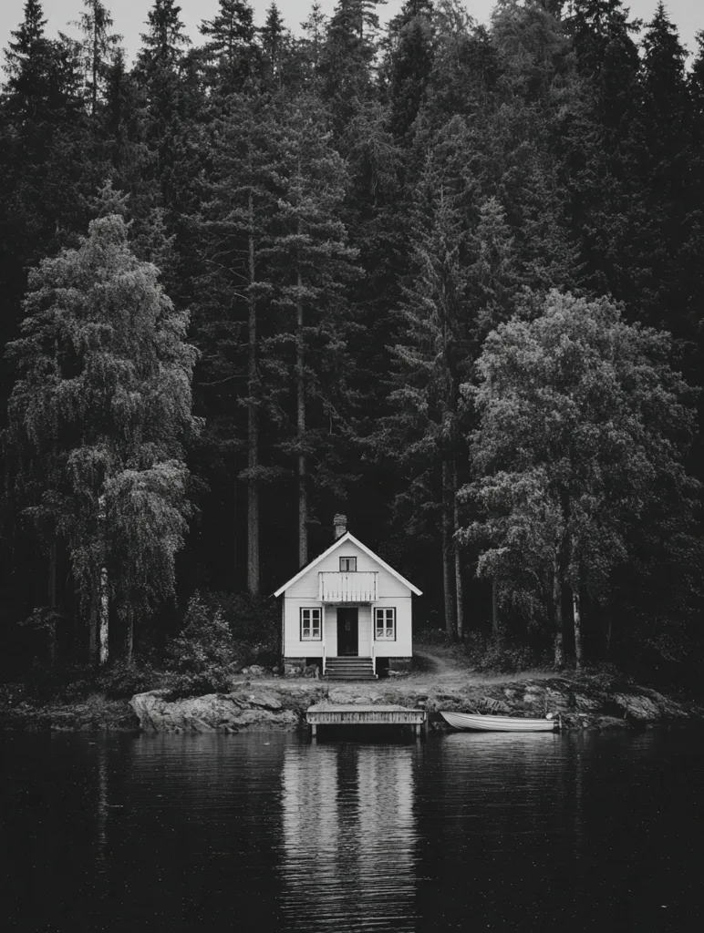 A serene black and white photograph depicts a small, white cottage nestled on a lakeshore, enveloped by a dense, dark forest. The cottage, with a small porch and windows, sits quietly by the still water. A small boat rests gently on the lake's surface near a wooden dock extending from the cottage. The overall mood is tranquil and secluded, suggesting a peaceful escape into nature.