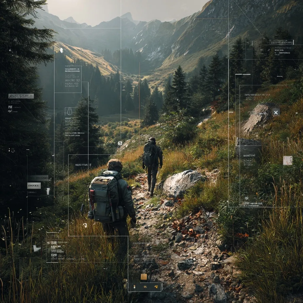 Two hikers with backpacks traverse a mountain trail, their journey framed by towering peaks and lush greenery.  A futuristic heads-up display overlays the scene, presenting data points and grid coordinates, suggesting a technologically advanced element to the exploration.  The autumnal hues of the landscape are beautifully contrasted by the cool tones of the digital interface.  The overall atmosphere is one of adventure and technological integration within a natural setting.