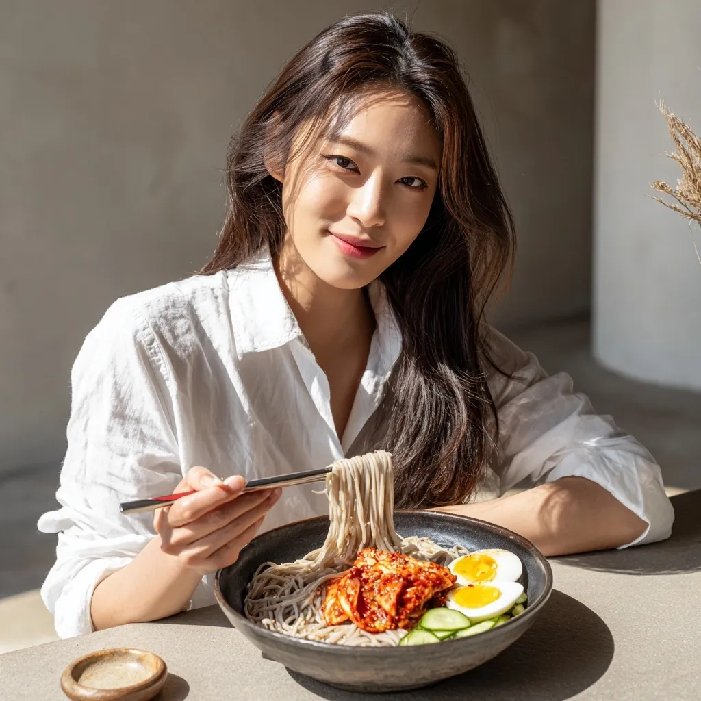 A young woman with long dark hair is pictured sitting at a table, elegantly using chopsticks to lift a portion of naengmyeon (cold buckwheat noodles). The bowl features the noodles topped with kimchi, sliced cucumbers, and a soft boiled egg.  She is wearing a white shirt and appears relaxed and content, enjoying her meal in a sunlit setting.