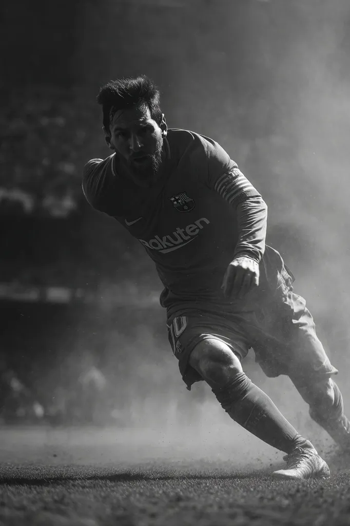 A black and white, dynamic image captures Lionel Messi in motion on a soccer field.  Dust and motion blur accentuate his speed and intensity as he leans low, his eyes focused.  He's wearing a Barcelona jersey with the Rakuten sponsor prominently displayed.  The overall effect is dramatic, emphasizing his skill and power.