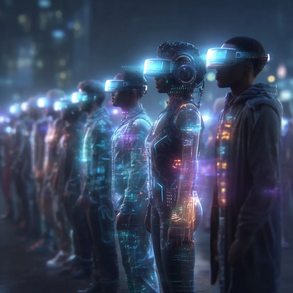 A line of diverse individuals stand in a futuristic cityscape, each wearing sleek VR headsets.  Their bodies are overlaid with vibrant, glowing digital data streams, creating a captivating blend of physical and digital realities.  The scene suggests a shared virtual experience or a technologically advanced future where the lines between the real and virtual blur. The overall atmosphere is one of mystery and technological wonder.