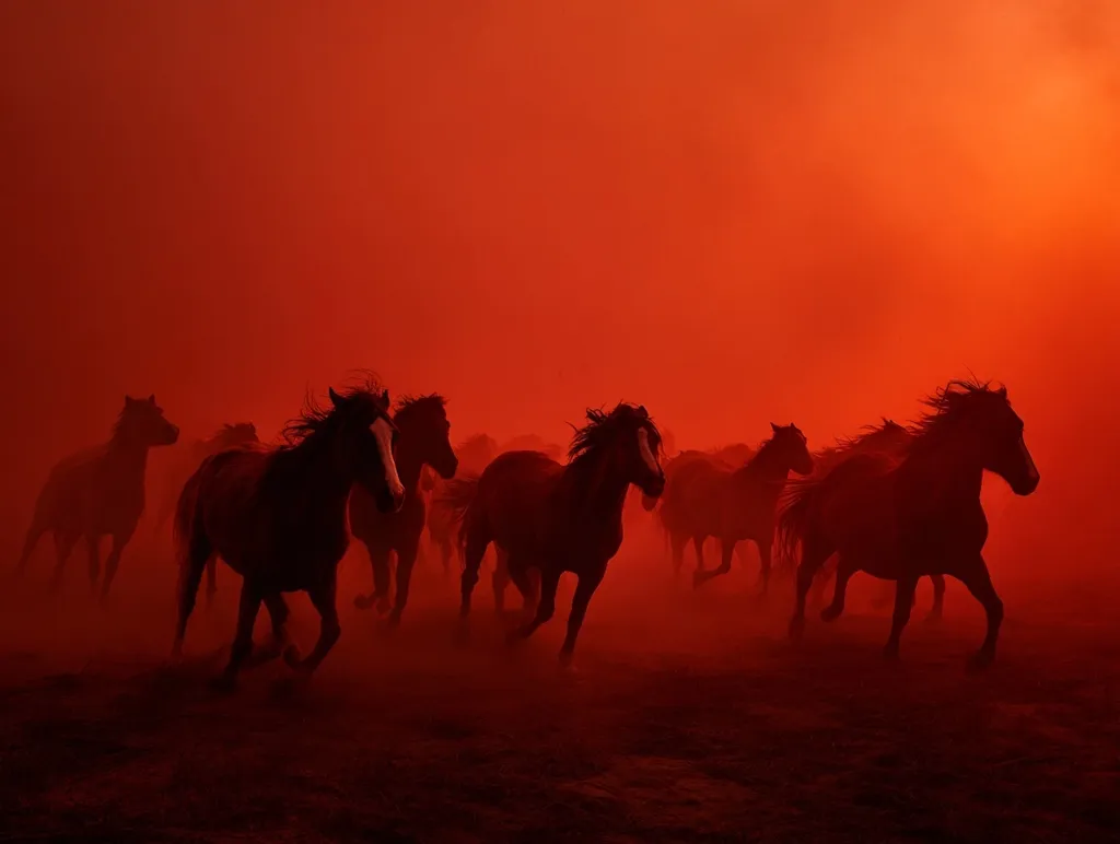 A herd of dark horses gallops across a dusty plain under a fiery red sky.  The silhouettes of the animals are stark against the intense, almost apocalyptic, orange-red hue.  Dust obscures the background, adding to the dramatic and powerful atmosphere of the scene. The horses are in motion, their manes and tails flowing.