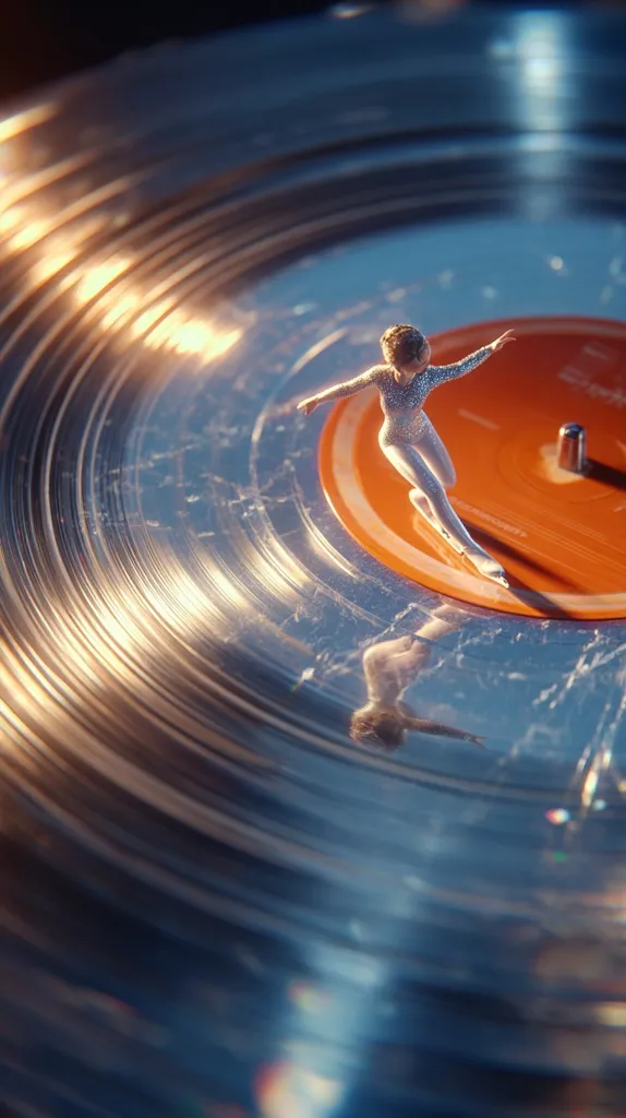A miniature figure skater gracefully glides across a large, metallic vinyl record.  The record's grooves create concentric circles, reflecting light and enhancing the surreal scene. The skater's costume shimmers, and their reflection is visible on the record's surface. The overall image is visually striking, blending artistry and a futuristic, dreamlike aesthetic.