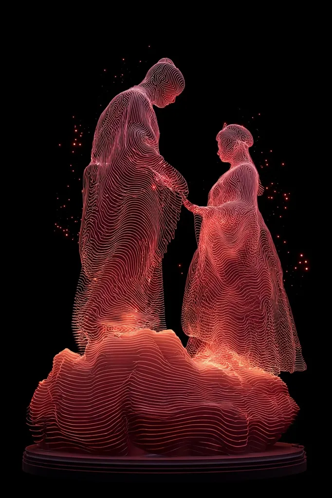 A digital artwork depicts a couple, seemingly in traditional East Asian attire, rendered in glowing, red wireframe style.  They stand on a similarly styled, undulating base, resembling a stylized landscape.  The figures are ethereal and translucent, with lines suggesting flowing fabric and movement.  The dark background accentuates the luminescence of the figures, creating a romantic and mystical atmosphere.