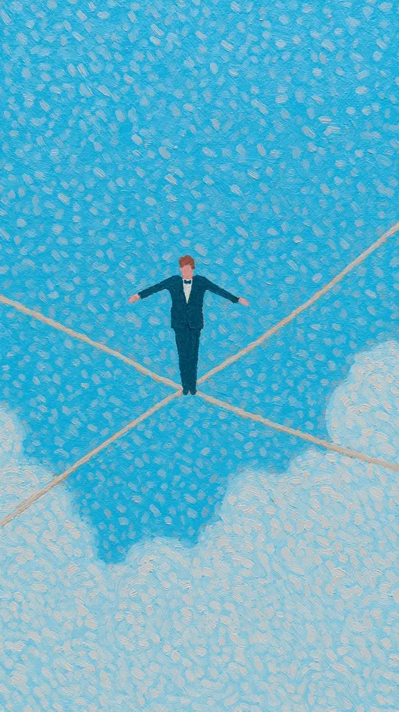 A stylized painting depicts a man in a suit balancing on intersecting tightropes high above a textured, light-blue sky, punctuated by white brushstrokes suggesting clouds.  The man's posture is calm and centered.  The impasto style of the painting creates a sense of precariousness and serenity simultaneously.  The overall impression is one of delicate balance and risk.
