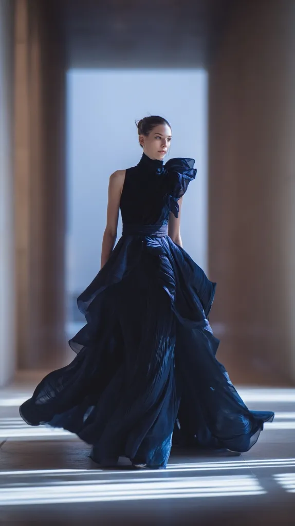 A woman in a flowing navy blue gown walks down a hallway.  The dress features a high neck, a ruffled shoulder, and a layered skirt that pools around her feet.  The lighting is soft and dramatic, highlighting the texture of the fabric and the elegant lines of the garment.  The overall mood is one of sophisticated grace and quiet confidence.