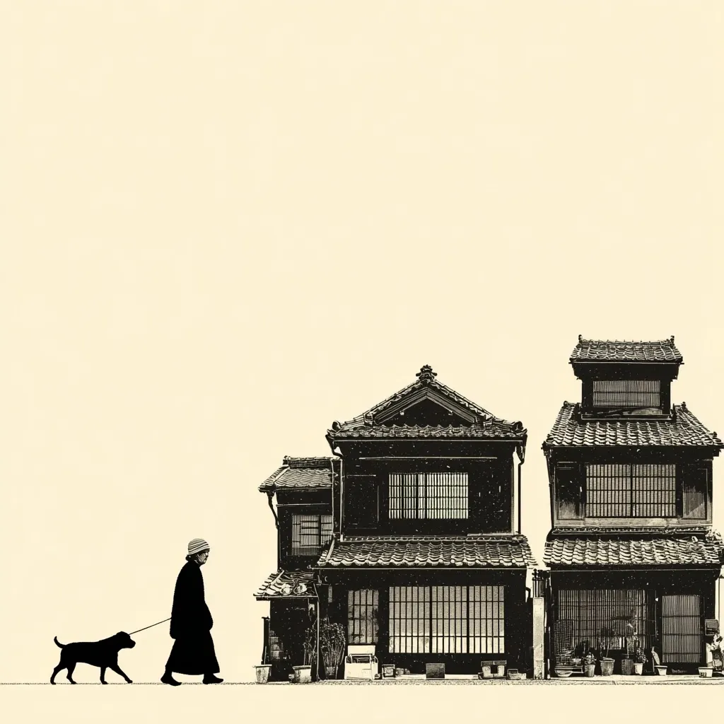 A minimalist black and white illustration depicts a person walking a dog in front of traditional Japanese houses.  The style is stark, with high contrast and a muted color palette.  The houses feature dark wood, tiled roofs, and characteristic shoji screens. The scene is peaceful and evokes a sense of quiet contemplation.