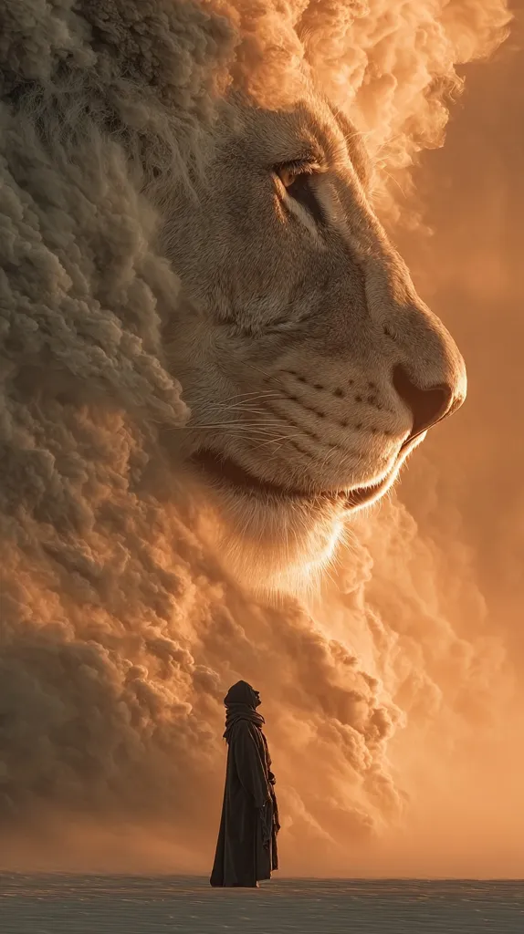 A majestic lion's head, seemingly formed from swirling clouds, dominates the scene.  The lion's gaze is serene, powerful, and almost ethereal.  In the foreground, a lone figure, cloaked and hooded, stands small against the immense creature, gazing upwards in awe or reverence.  The setting sun casts a warm, golden light on the dramatic cloudscape, creating a mystical and awe-inspiring image.