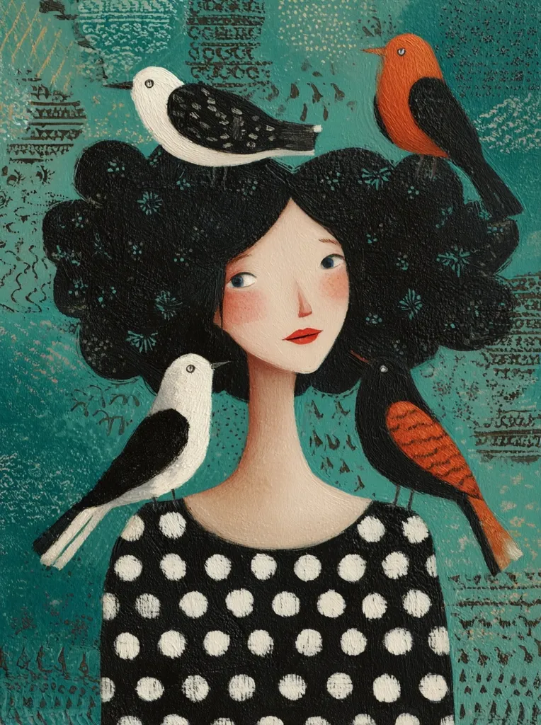 A stylized portrait of a woman with dark curly hair, adorned with three birds. Two are perched on her shoulders, one black and white, the other orange and black. A third, black and white bird rests atop her head.  She wears a black and white polka dot dress against a teal background with textured details. The overall style is whimsical and slightly folk-art inspired.
