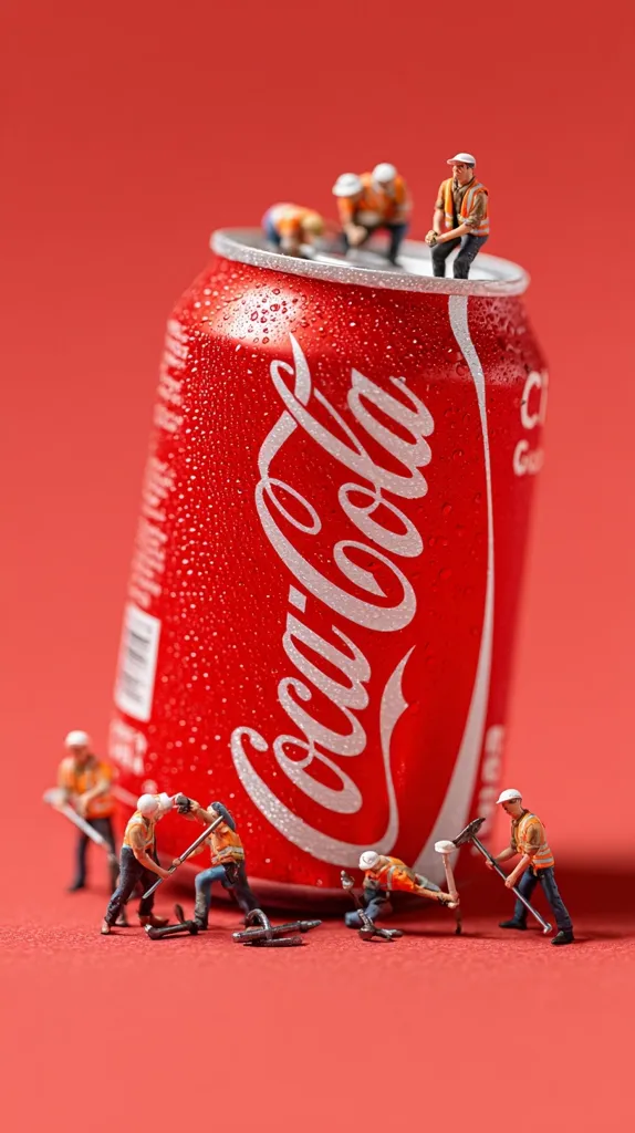 A large Coca-Cola can, covered in condensation, dominates the center.  Tiny construction workers, wearing hard hats and safety vests, are positioned around it, some on top, others seemingly working on its base with miniature tools.  The scene is set against a vibrant red background, creating a humorous juxtaposition of scale and subject matter.  The overall image is sharp and highly detailed.