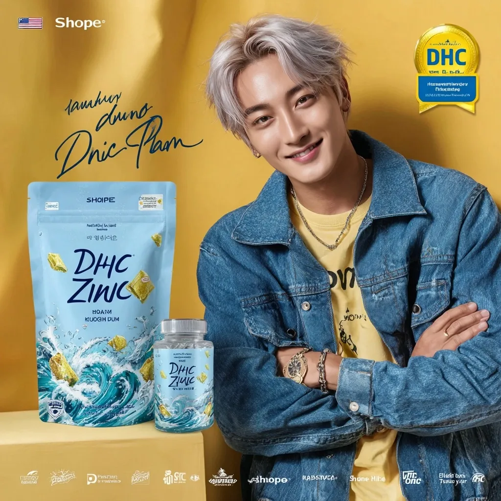 This Shopee advertisement features a male model showcasing DHC Zinc supplements.  The image highlights a pouch and bottle of the product, with a stylish model wearing a denim jacket.  The background is a vibrant yellow, and the overall aesthetic is clean and modern.  The advertisement emphasizes the brand's collaboration with the model and the product's key features.