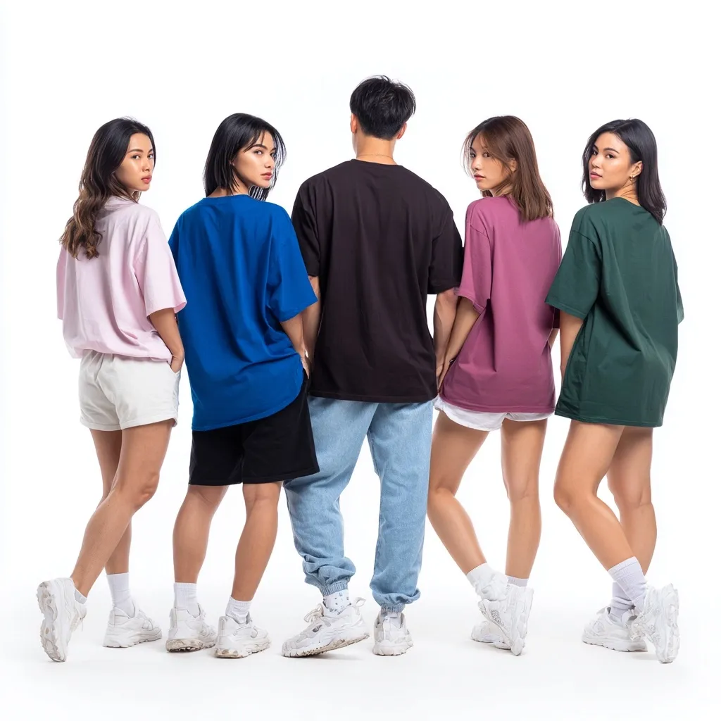 Five young adults, four women and one man, stand in a row facing away from the camera.  They wear oversized, plain t-shirts in various pastel colors and light-colored shorts or pants.  Their backs and legs are visible, showcasing a casual and unified style against a white background.  All are wearing white sneakers.