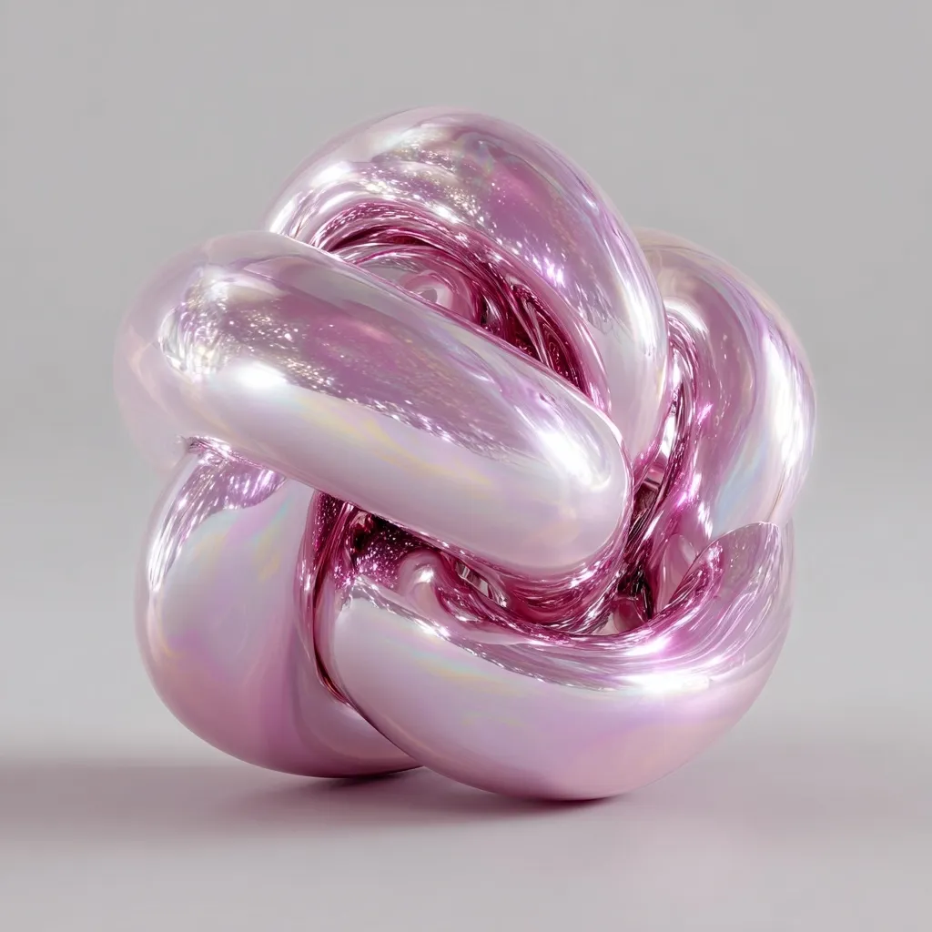 A pink, iridescent sculpture resembling a knot is showcased against a neutral gray backdrop.  The smooth, reflective surface catches the light, creating a shimmering effect. The form is abstract and organic, suggesting a sense of movement and fluidity. The object’s polished finish enhances its captivating visual appeal.