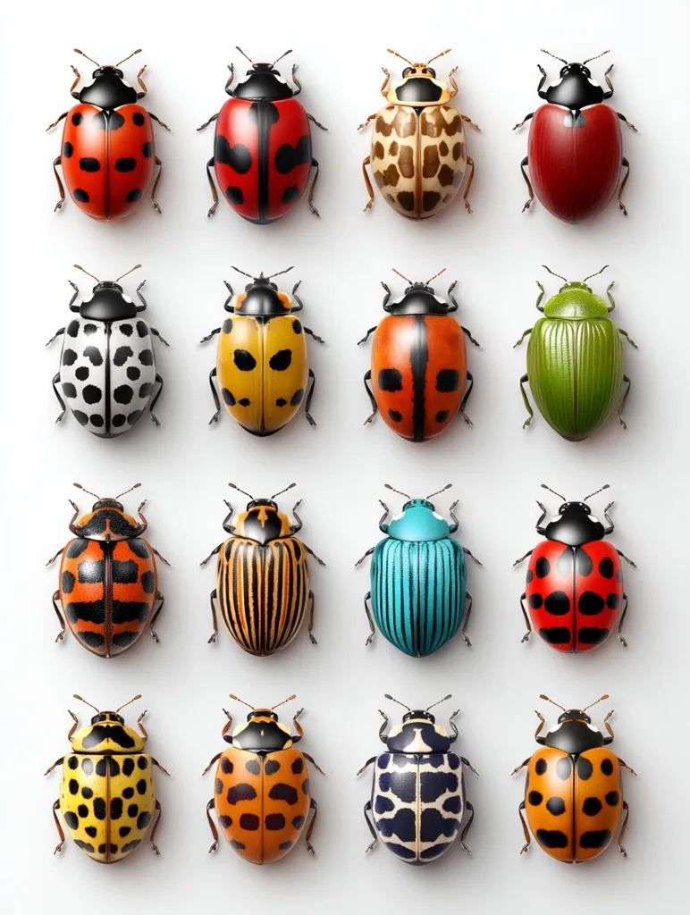 A grid displays sixteen meticulously rendered ladybugs, each showcasing unique color patterns and variations.  The designs range from classic red with black spots to vibrant yellow, orange, black, white, and even teal.  The insects are depicted from a top-down perspective against a clean white background, highlighting their intricate markings and shell textures.  The arrangement creates a visually appealing and symmetrical collection of these common garden beetles.