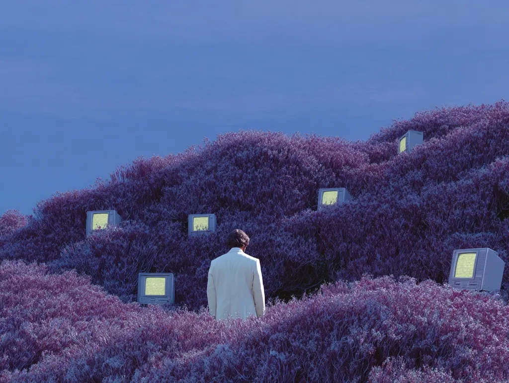A man in a white suit stands amidst a field of purple bushes.  Several old-fashioned, boxy televisions are embedded within the foliage, their screens glowing faintly. The scene is surreal and dreamlike, under a pale blue sky, evoking a sense of isolation and the overwhelming presence of technology within nature.  The overall mood is quiet and contemplative.