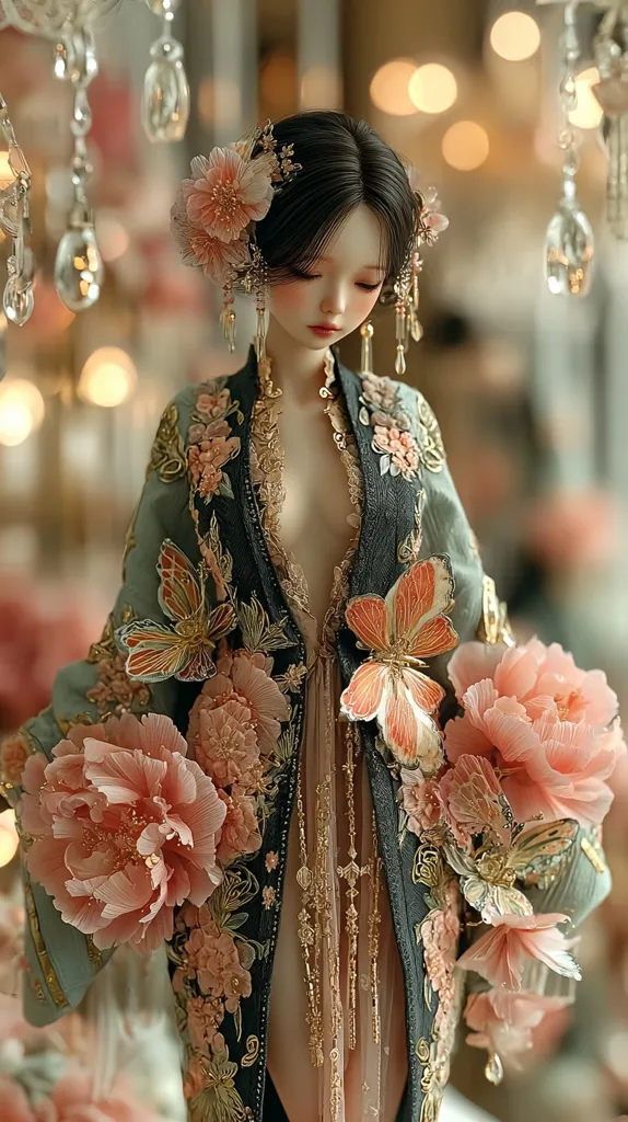A porcelain doll, adorned in an intricately embroidered teal and gold robe, is exquisitely detailed.  Peach-colored flowers and butterfly motifs embellish the garment.  Her dark hair is styled elegantly, complemented by delicate floral hairpieces and dangling earrings.  The overall aesthetic is one of delicate beauty and refined craftsmanship.  She's posed amidst more blossoms, creating a romantic and dreamy scene.