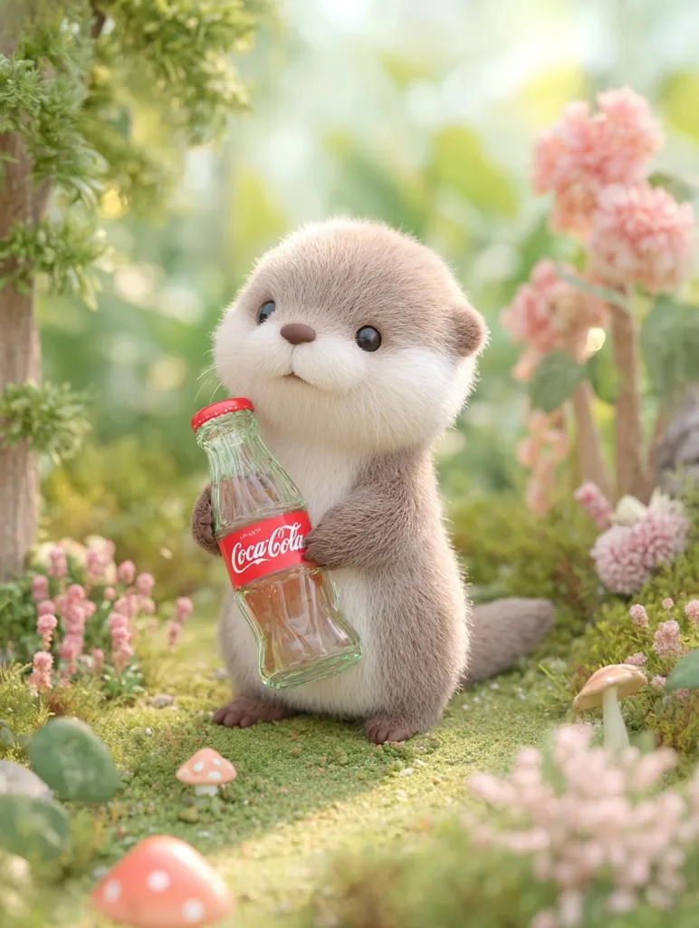 An adorable, plush otter sits amidst a whimsical, miniature garden.  Soft pink flowers and tiny mushrooms surround it.  The otter holds a miniature Coca-Cola bottle, creating a charming and unexpected juxtaposition of cute animal and recognizable brand. The scene is bathed in soft, natural light, enhancing its idyllic quality.