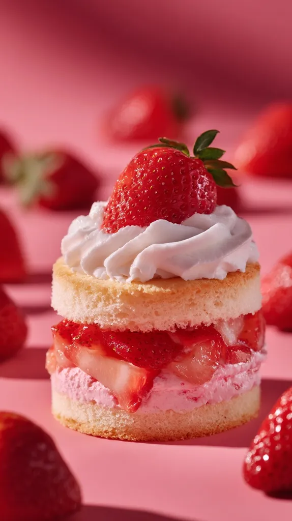 A miniature strawberry shortcake sits on a pink surface, surrounded by fresh strawberries.  The cake features layers of sponge cake, whipped cream, and a strawberry filling, topped with a whole strawberry.  The scene is brightly lit, emphasizing the vibrant pink hues and the dessert's delicate texture.  The overall impression is one of sweetness and summery delight.