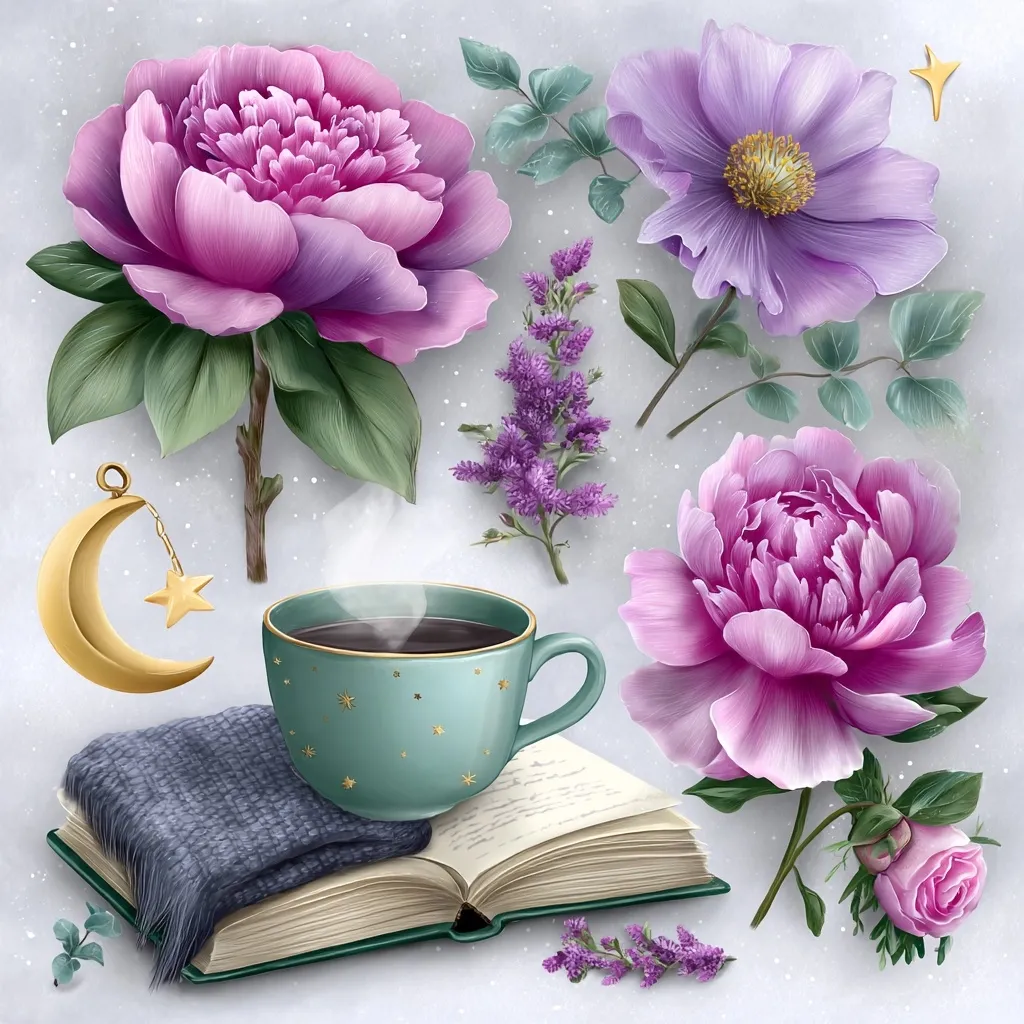 A digital illustration depicts a serene scene:  two vibrant pink peonies, a pale purple cosmos, and sprigs of purple flowers surround a teal teacup steaming atop an open book draped with a gray scarf.  A gold crescent moon and star charm hang nearby.  The overall style is soft, romantic, and evocative of tranquility.  A pink rose bud adds a final touch of delicate beauty.