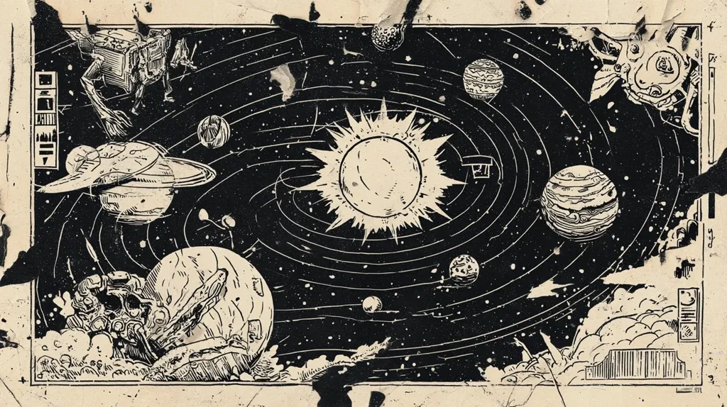 A distressed, vintage-style illustration depicts a solar system with a central sun and several planets, rendered in black and white ink.  Mechanical elements, resembling robots or spacecraft, are scattered across the scene, suggesting a blend of science fiction and celestial imagery.  The style is reminiscent of old scientific diagrams or comic book art, with a worn, aged texture.  The piece evokes a sense of exploration and the vastness of space.