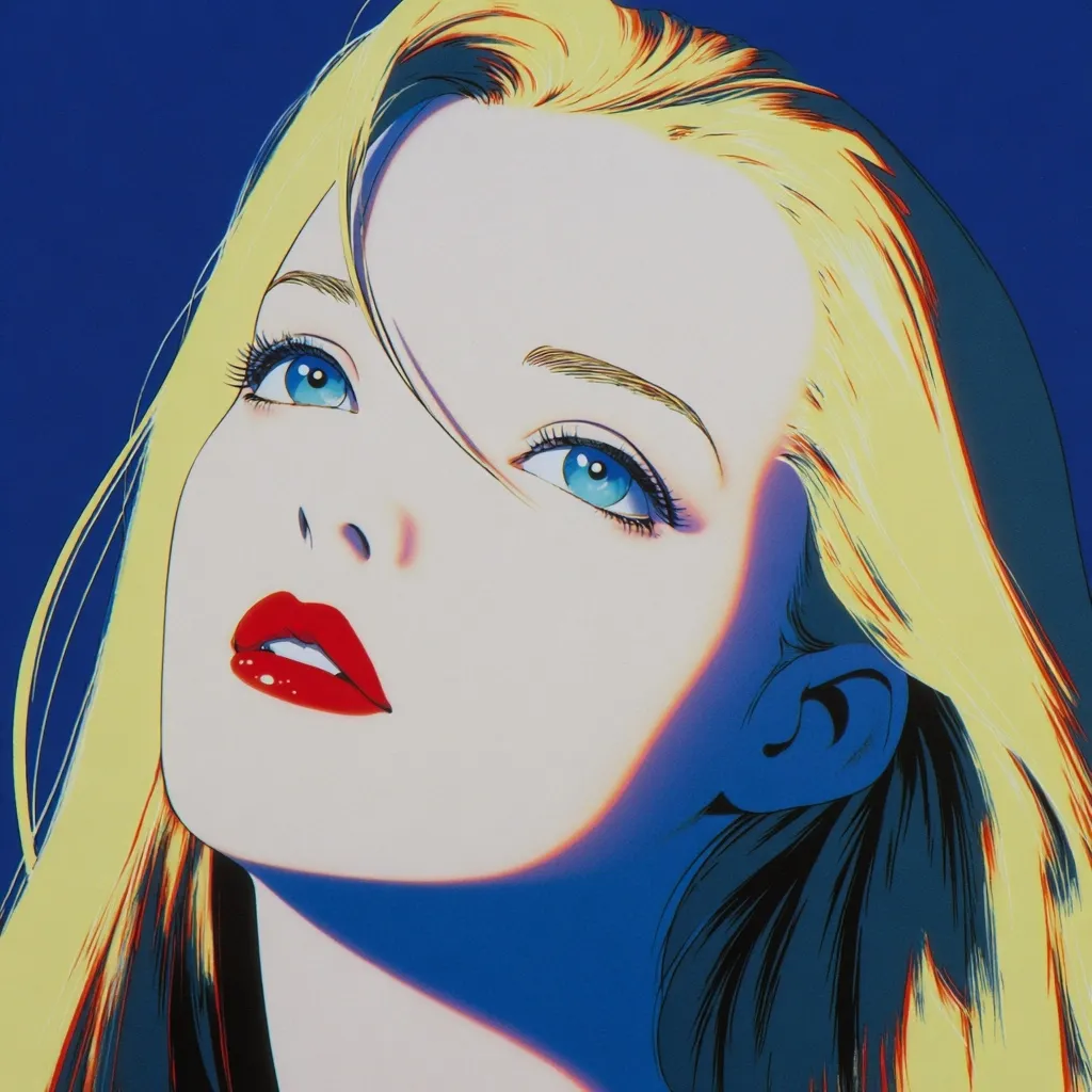 A stylized portrait of a woman with long blonde hair.  Her face is rendered in bold, vibrant colors, featuring striking blue eyes and bright red lips. The artwork employs a graphic, almost comic-book style with strong contrasts in light and shadow, creating a dramatic and eye-catching image against a deep blue background.  The overall effect is one of glamorous retro-futurism.