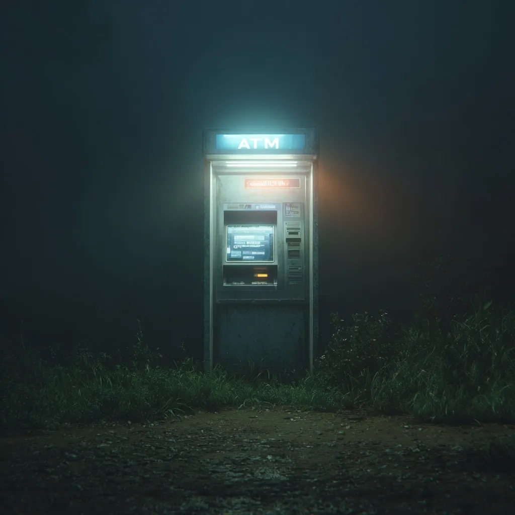 A lone ATM stands illuminated in the eerie darkness of a foggy night.  The machine is weathered and slightly overgrown with grass, suggesting isolation and disuse.  The dim light casts an unsettling glow on the surrounding vegetation, creating a mysterious and slightly ominous atmosphere.  The scene evokes a sense of loneliness and perhaps even unease.