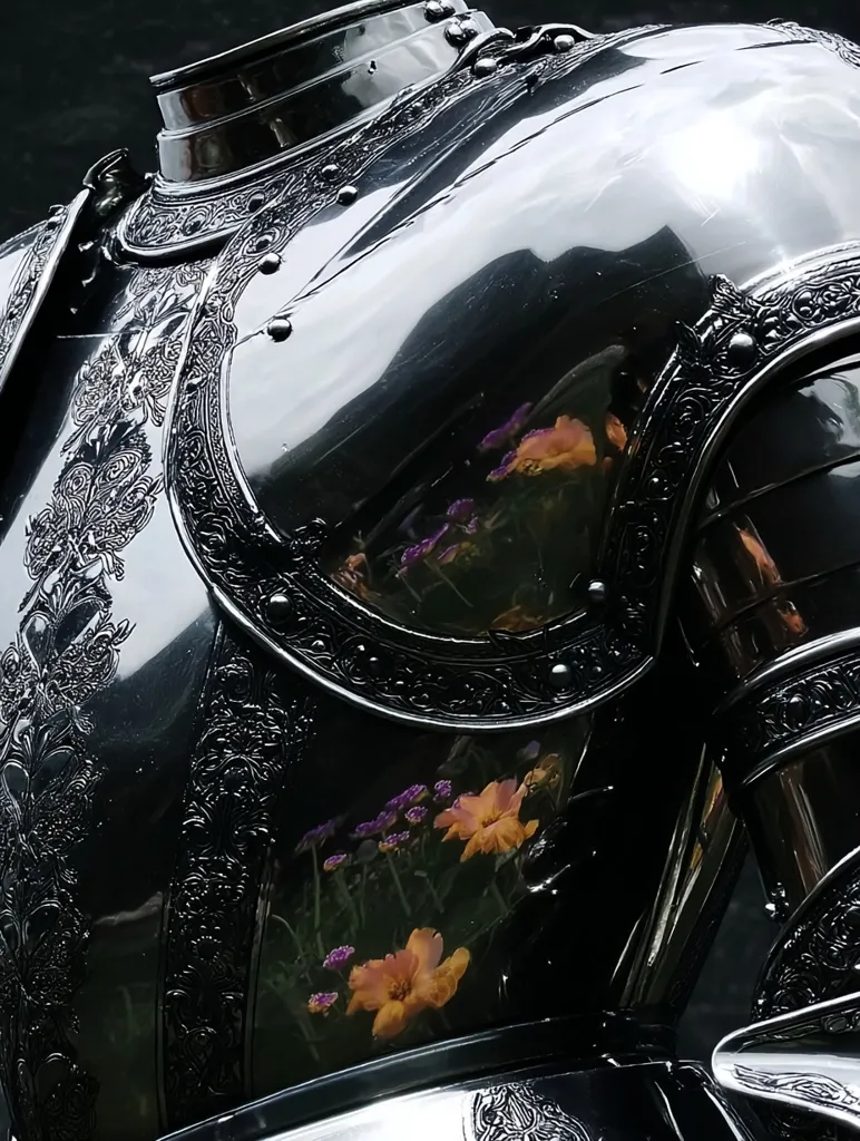 A close-up reveals a highly polished, black suit of armor, intricately detailed with ornate carvings. The reflective surface mirrors a vibrant garden scene, with orange and purple flowers contrasting sharply against the dark metal.  The armor's high gloss finish emphasizes its craftsmanship, suggesting both strength and artistry. The image showcases a striking juxtaposition of nature's beauty against the historical context of medieval warfare.