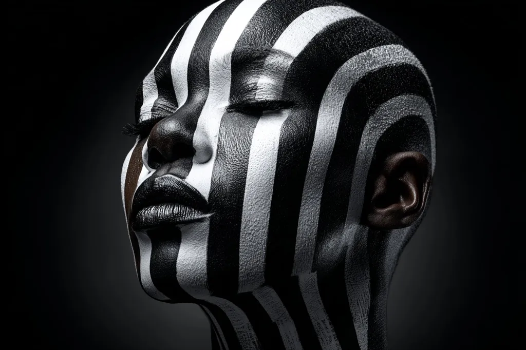 Close-up of a person's face and neck adorned with bold black and white vertical stripes, creating a striking visual effect against a dark background.  The subject's eyes are closed, and their expression is serene.  The image is a study in contrast and texture, emphasizing the artistry of the body paint.
