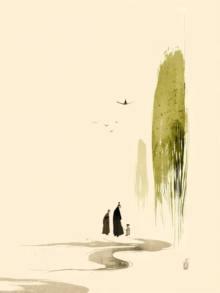 A minimalist East Asian-inspired painting depicts three figures, two adults and a child, walking along a tranquil path near a stylized weeping willow tree.  The figures are rendered simply, in muted earth tones.  The style evokes a sense of serenity and contemplation, with a pale background and subtle brushstrokes.  A few birds fly in the pale sky above.  The overall feeling is one of peace and quietude.