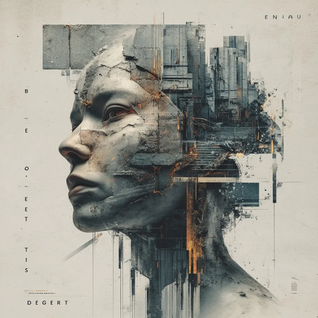 A digital artwork titled “Be O E E T T I S” by Degert for Enjau. A stony, weathered face in profile is superimposed with a decaying cityscape.  The style is a blend of photorealistic sculpting and abstract collage, suggesting themes of urban decay, memory, and the human condition within a crumbling environment.  The overall palette is muted grays, blacks, and burnt oranges.