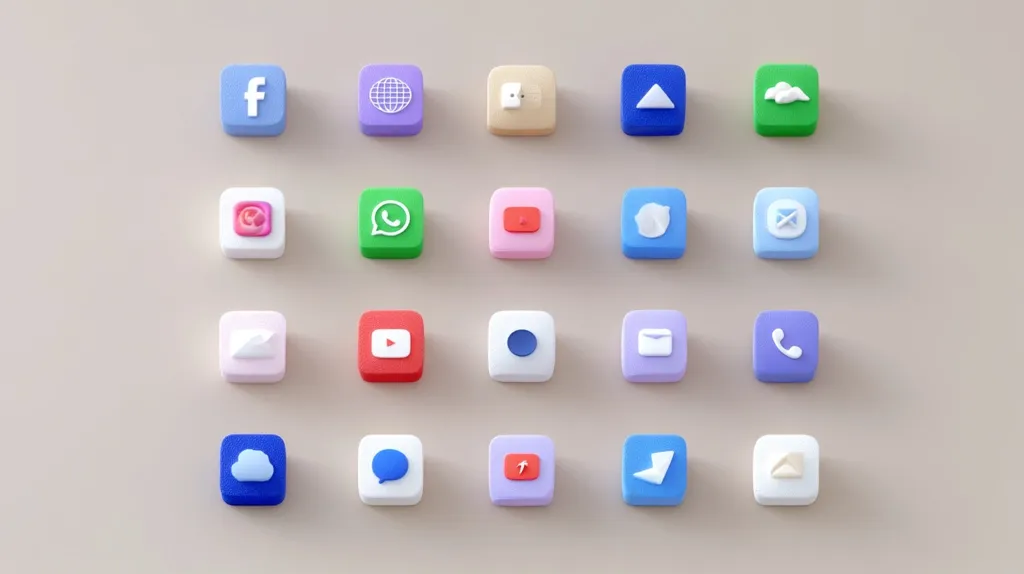 A grid displays colorful, square, 3D app icons against a neutral beige background.  The icons represent popular social media platforms and communication tools, including Facebook, Instagram, WhatsApp, YouTube, and email.  Each icon features a distinctive logo in white against a vibrant colored square. The overall arrangement is clean, organized, and visually appealing.