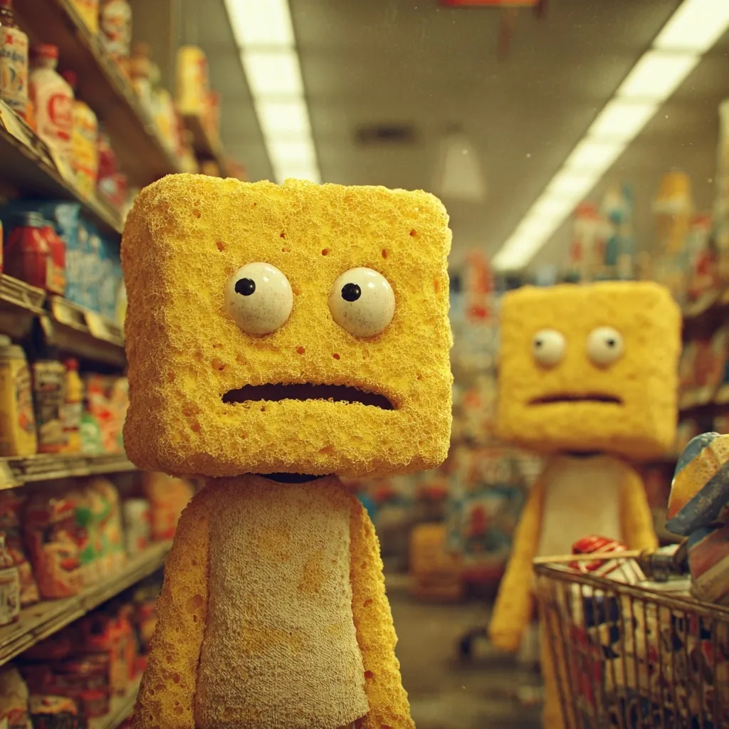 Two anthropomorphic yellow sponge characters stand in a grocery aisle.  The foreground character has a worried expression, large eyes, and wears a stained, yellow shirt. A second sponge character, similarly designed, pushes a shopping cart in the background.  The setting is a dimly lit, old-fashioned supermarket with shelves filled with various products.  The overall aesthetic is whimsical and slightly unsettling.