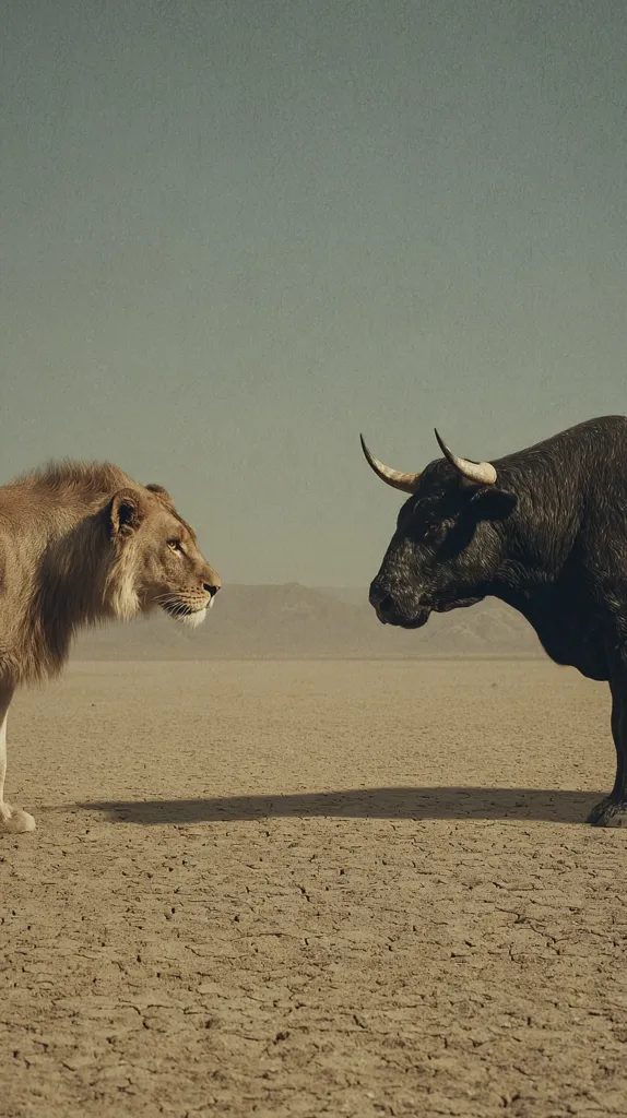 A large male lion and a powerful black bull stand facing each other in a barren, cracked earth landscape under a muted sky.  The animals are positioned centrally, their confrontation creating a tense visual contrast. The setting emphasizes their isolation and the potential for conflict.  The image evokes themes of power, rivalry, and the struggle for dominance.