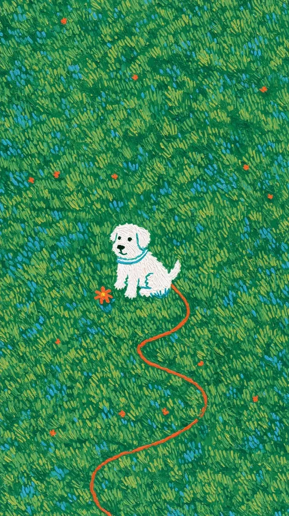 A small, white dog sits in a vibrant green field, speckled with small orange flowers.  A meandering orange line, suggesting a leash, trails behind it. The painting style is textured and expressive, with visible brushstrokes creating a sense of movement and energy in the scene. The overall mood is cheerful and playful.