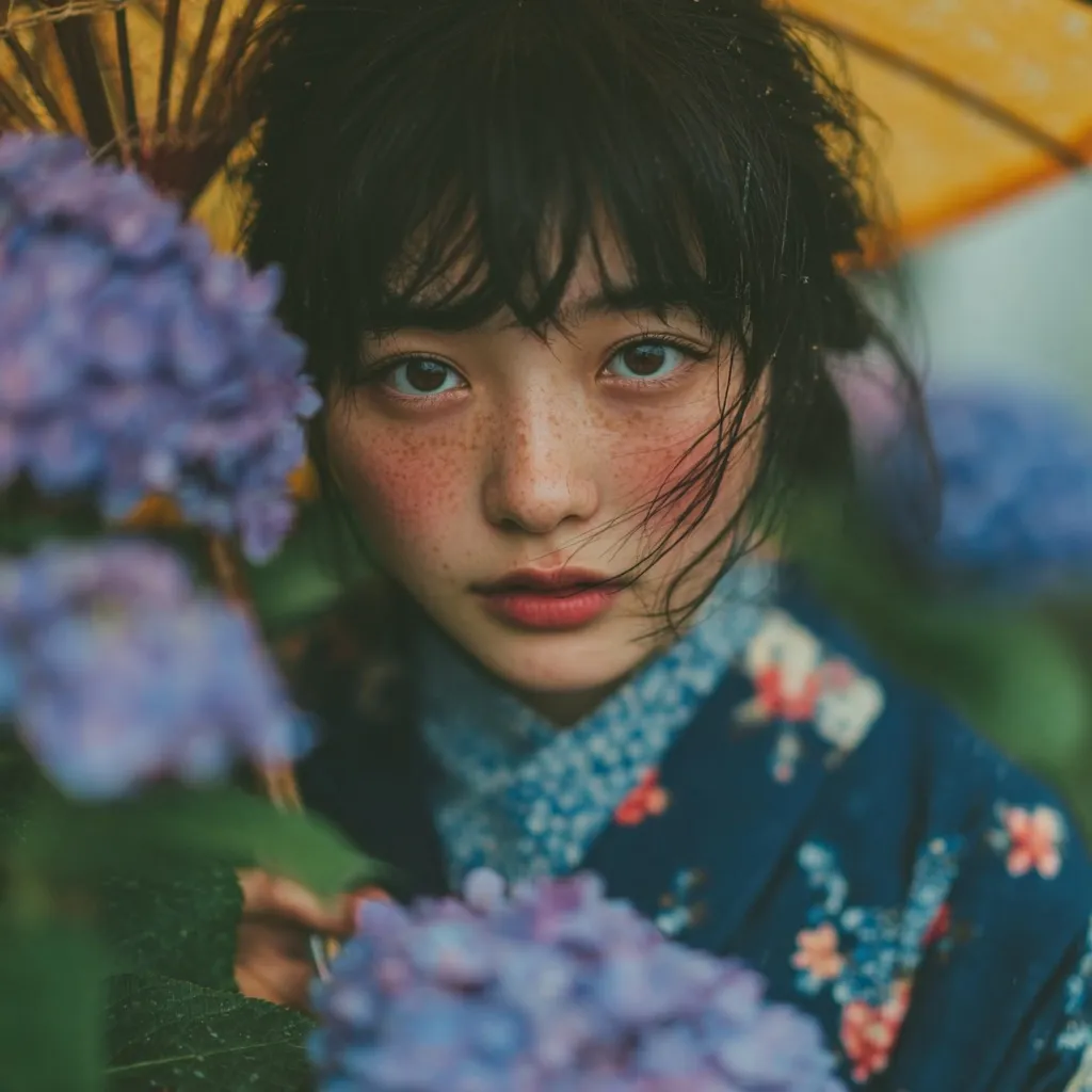 A young woman with freckles and dark hair, partially obscured by purple hydrangeas, gazes intently at the camera.  She wears a dark blue kimono adorned with a floral pattern. A yellow umbrella is subtly visible in the background, suggesting a rainy setting. The overall mood is serene and evocative of Japanese aesthetics.