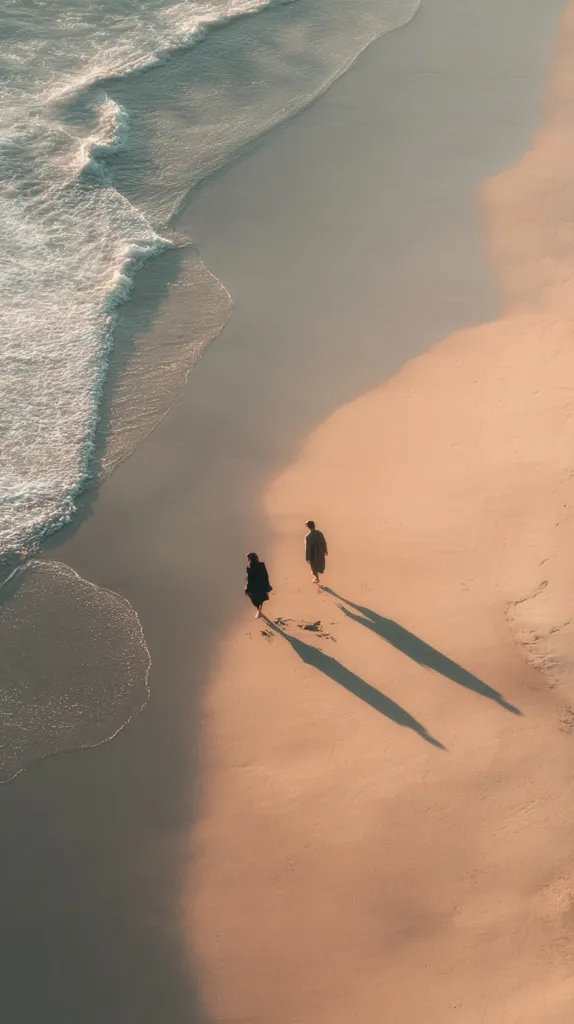 An aerial view captures two figures strolling along a pristine sandy beach, their long shadows stretching across the pale sand.  Gentle waves caress the shore, creating a soft contrast between the water's edge and the sun-kissed beach. The scene exudes tranquility and solitude, a peaceful moment captured from above.