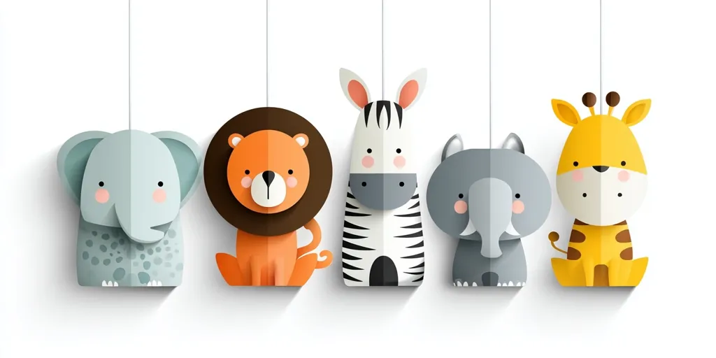 Five adorable cartoon animals hang from strings against a white background.  They appear to be made of paper, with a simple, stylized design. The animals include an elephant, a lion, a zebra, a baby elephant, and a giraffe, all in bright, cheerful colors.  They are arranged in a row, creating a charming and playful scene.