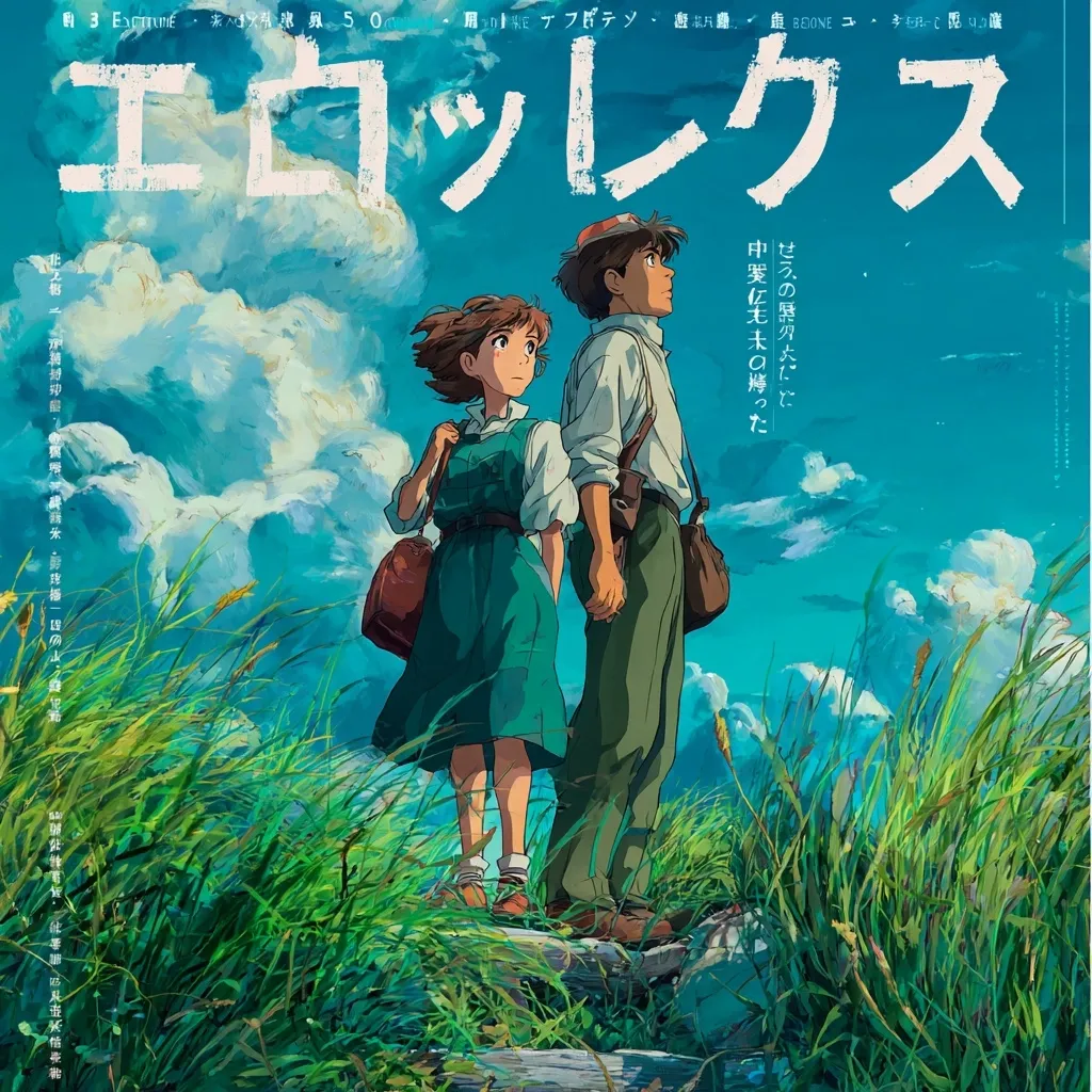 A poster for the anime film "Earwig and the Witch" features two young characters, a boy and a girl, standing hand-in-hand in a tall grassy field under a bright, blue sky.  They appear to be gazing into the distance, filled with a sense of wonder and adventure. The title is prominently displayed in stylized lettering.  The overall aesthetic is evocative of Studio Ghibli animation.