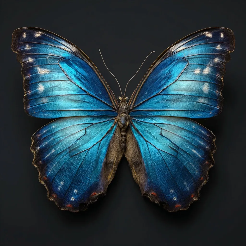 A vibrant blue morpho butterfly is displayed against a dark background.  Its wings are a striking iridescent blue, accented with darker veins and small, scattered white spots along the edges. The intricate details of its wings and body are sharply defined, showcasing the beauty and complexity of this tropical insect.  The overall image is one of elegant stillness and natural wonder.