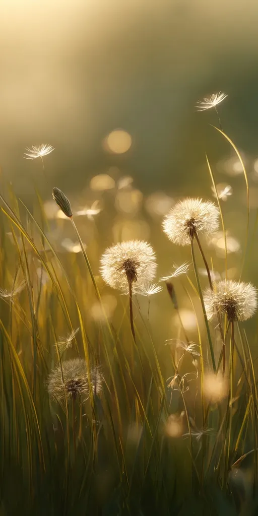 Golden sunlight bathes a field of tall grass, where numerous dandelion seed heads stand tall.  Some are fully formed, their fluffy white seeds catching the light, while others are partially dispersed, their delicate seeds drifting on the breeze.  The overall image evokes a sense of calm and the gentle beauty of nature.