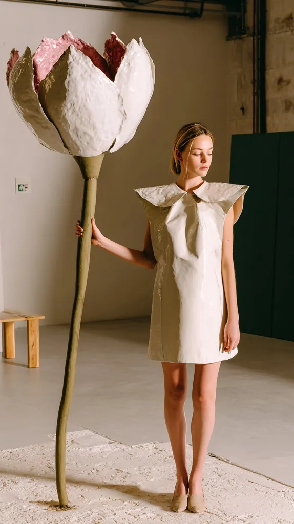 A young woman in a minimalist, off-white collared shift dress stands beside a large, sculpted flower. The flower is predominantly white with hints of pink, mounted on a tall, slender stem.  The setting appears to be a modern art studio or gallery space. The overall aesthetic is clean, simple, and artistic.