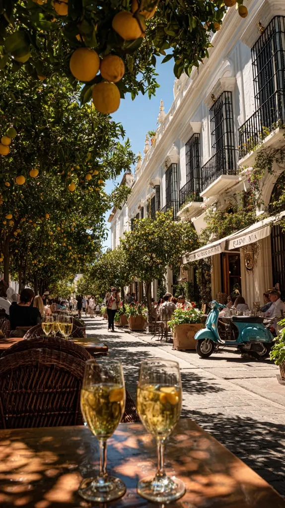 A sun-drenched street scene in a Spanish town.  Lemon trees laden with fruit line a picturesque street, their shade dappling the pavement.  Whitewashed buildings with wrought-iron balconies create a charming backdrop to outdoor cafes, where patrons enjoy drinks.  A light blue Vespa scooter is parked nearby, adding to the idyllic ambiance.  Two glasses of wine sit on a table in the foreground, capturing the relaxed atmosphere.