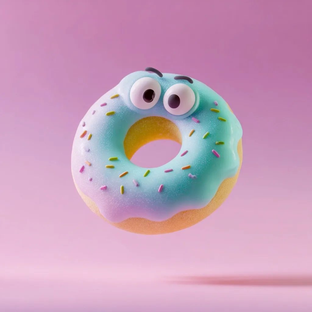 A light blue, glazed donut with colorful sprinkles floats against a pink background.  The donut has cartoon eyes, giving it a surprised or slightly worried expression. The image is clean, bright, and has a 3D rendered appearance. The overall style is playful and whimsical.