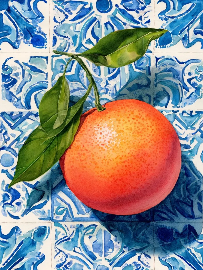 A vibrant watercolor painting showcases a single, ripe orange, still attached to its stem and leaves.  The orange rests on a surface of intricately patterned, blue and white Portuguese tiles.  The contrast between the warm tones of the fruit and the cool blues of the tiles creates a striking visual effect.  The artist's attention to detail is evident in the realistic rendering of both the fruit and the tilework.
