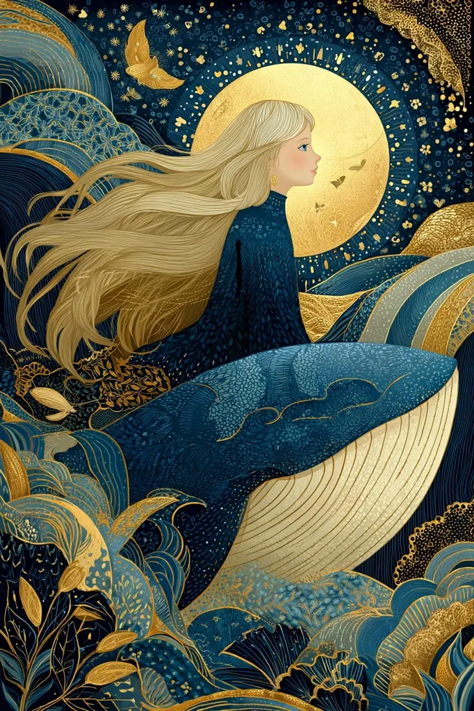 A blonde girl with flowing hair sits atop a large, stylized whale, which swims through an ocean of swirling teal and gold patterns.  The scene is set against a backdrop of a large, golden moon speckled with stars and small, golden butterflies.  The overall style is whimsical and dreamlike, incorporating Art Nouveau and Art Deco elements. The gold accents add a luxurious feel to the piece.