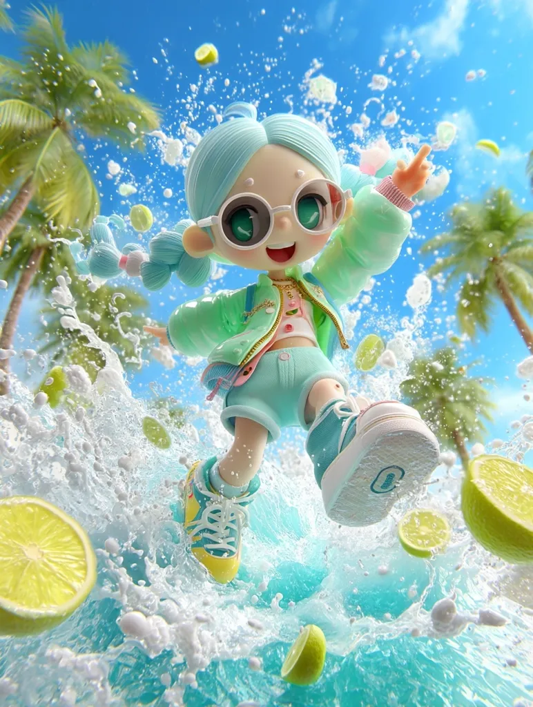 A cheerful, anime-style girl with teal hair and oversized glasses joyfully splashes through turquoise water.  She wears a mint green jacket and shorts, and lime slices surround her as she leaps.  Palm trees and a bright blue sky form the tropical backdrop, creating a vibrant, summery scene.  The image is dynamic, emphasizing the fun and energy of the moment.