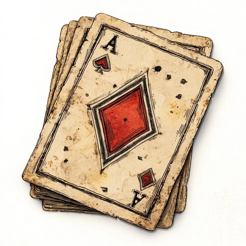 An illustration depicts a stack of aged playing cards, the top card showing the Ace of Diamonds.  The card's design is antique, with a worn, parchment-like texture and visible discoloration.  Intricate linework outlines the diamond suit, rendered in a deep red hue.  The Ace symbol is clearly visible, suggesting a vintage or hand-drawn style. The overall effect is one of age and possible use.