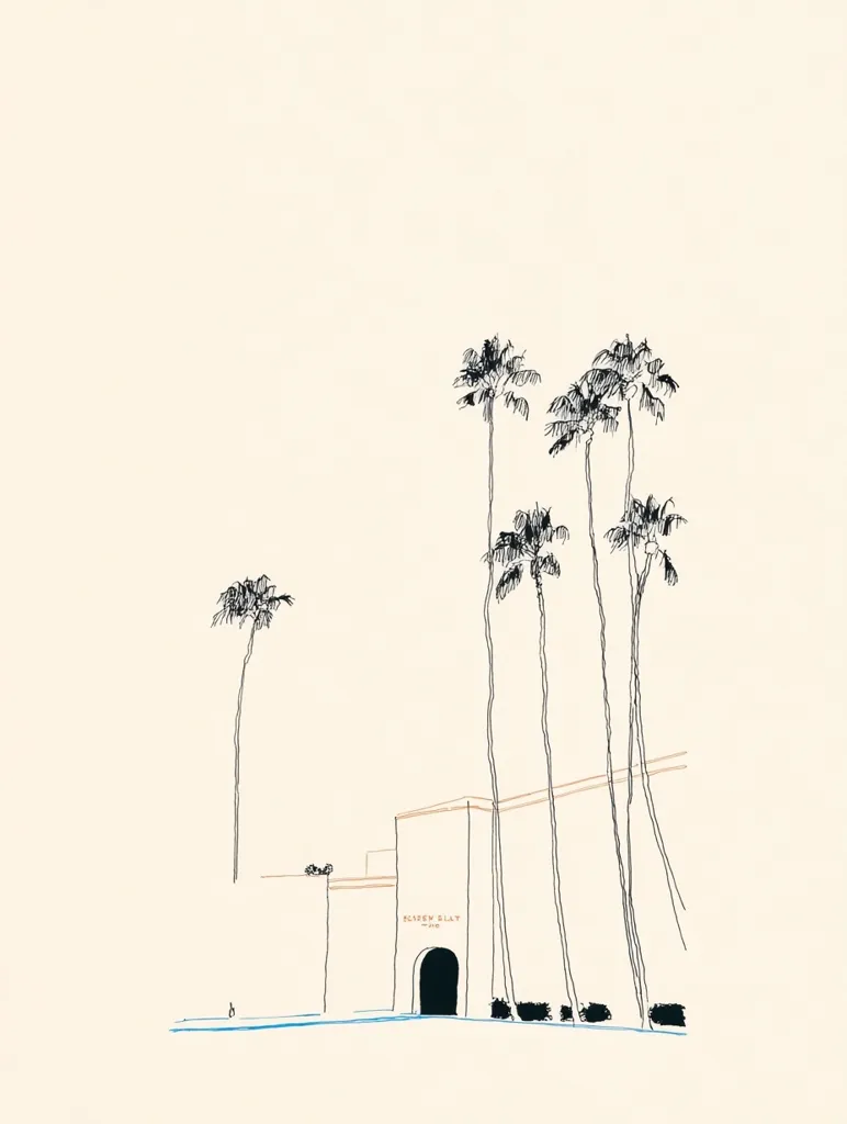 A minimalist line drawing depicts a building, possibly a museum or gallery, with the name "Scaen Play" subtly inscribed above the entrance. Tall palm trees flank the structure, creating a serene, almost desolate, California landscape. The simple lines and muted color palette evoke a sense of calm and understated elegance. The overall impression is one of quiet contemplation and architectural simplicity.