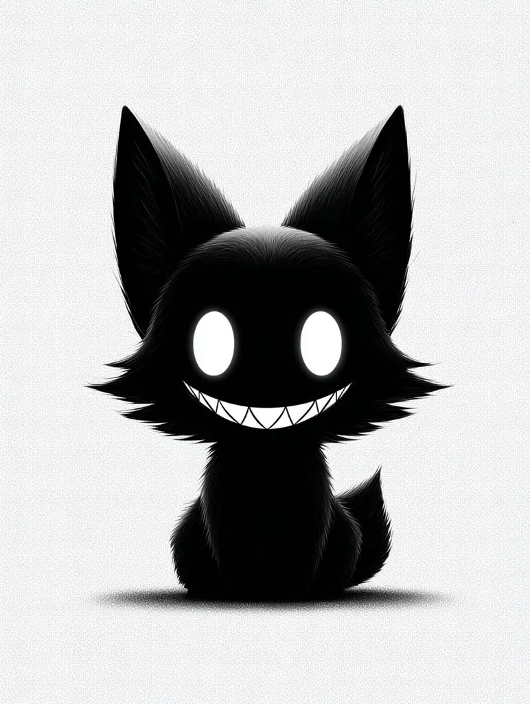 A stylized illustration depicts a shadowy, furry creature resembling a cat or fox.  Its silhouette is entirely black, save for glowing white eyes and a sharp, unsettling grin.  The creature sits against a plain white background, creating a stark contrast that emphasizes its menacing yet cute design. The style is reminiscent of dark fantasy or gothic art.